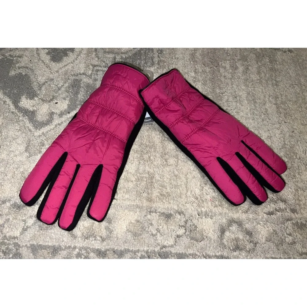 New Time &‎ Tru Tech Touch Fleece Lined One Size Women Puffer Gloves Black Pink